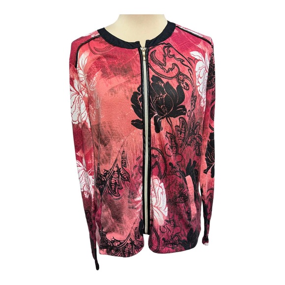 Onque Floral Zip Front Cardigan Size M Casual Red, Pink and Black - Picture 1 of 5